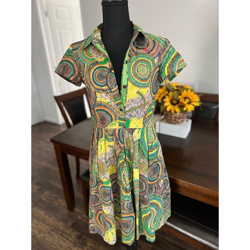 Retro swirl print Shirt Dress Mini boho green multicolour Size S - Picture 9 of 9